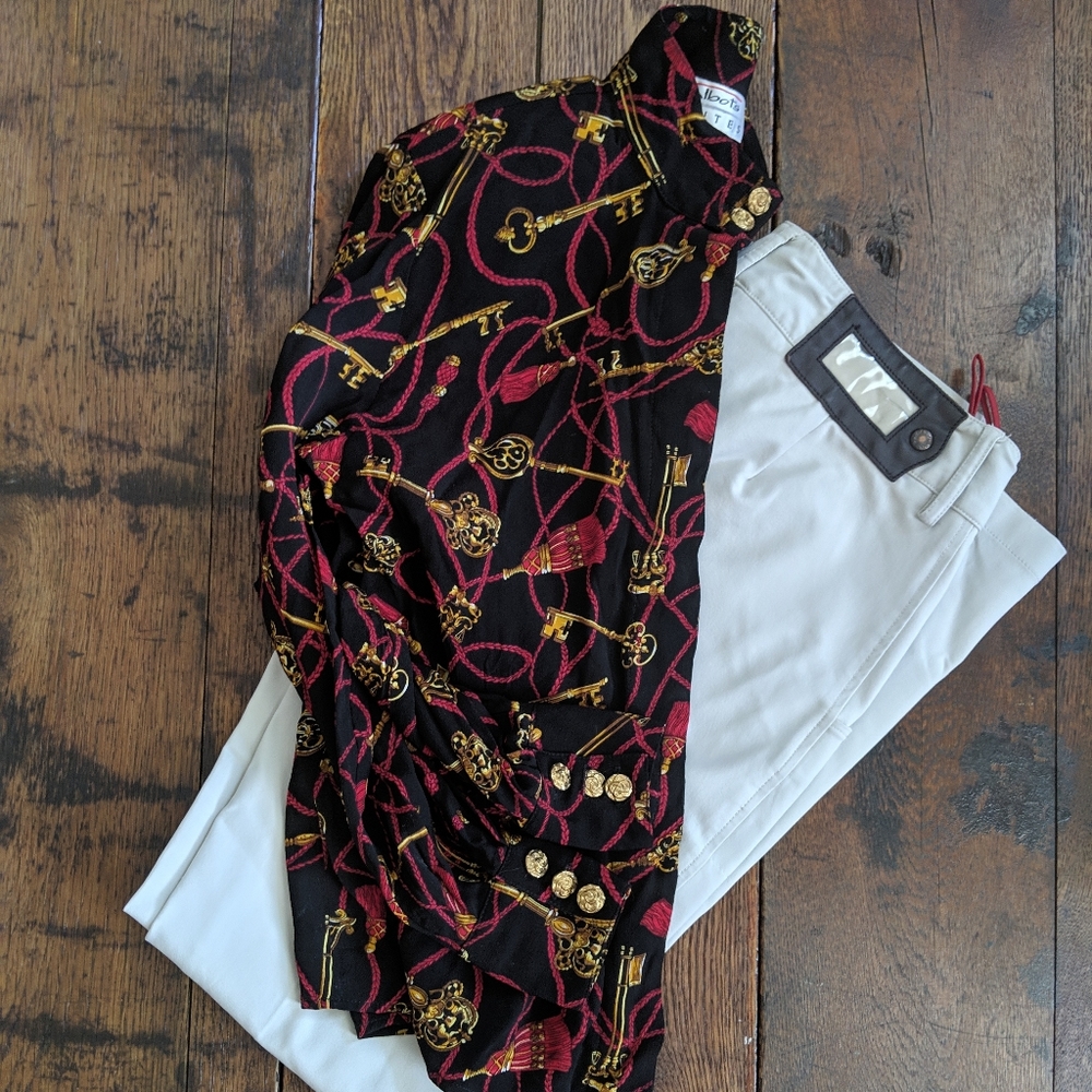 Vintage Printed Banded Collar Black Blouse//80s